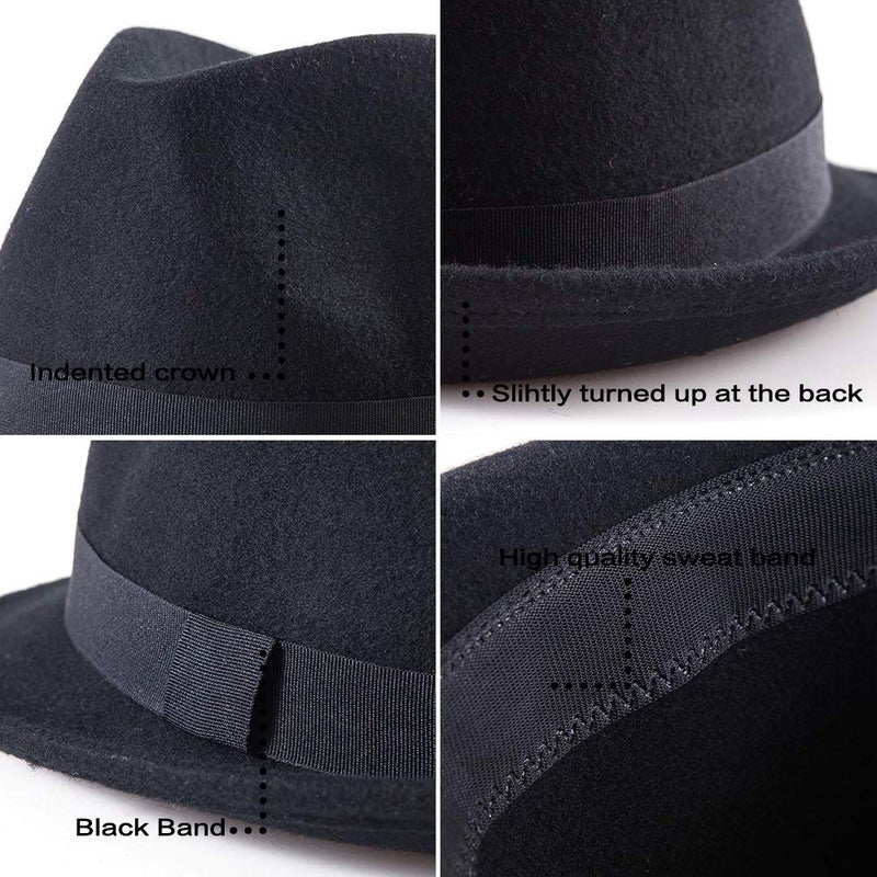 LADYBRO Black Fedora Hat for Men - Classic Wool Short Brim Trilby for Winter, 7 1/4 - Image 5
